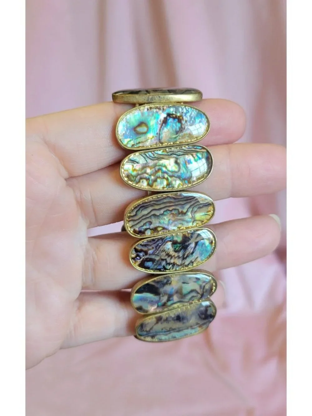 Signed Rosa Flores Gold Tone Blue Abalone Shell Stretchy Statement Bracelet B1A